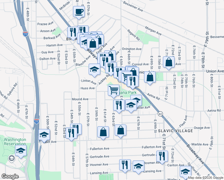 map of restaurants, bars, coffee shops, grocery stores, and more near 6215 Kenyon Avenue in Cleveland
