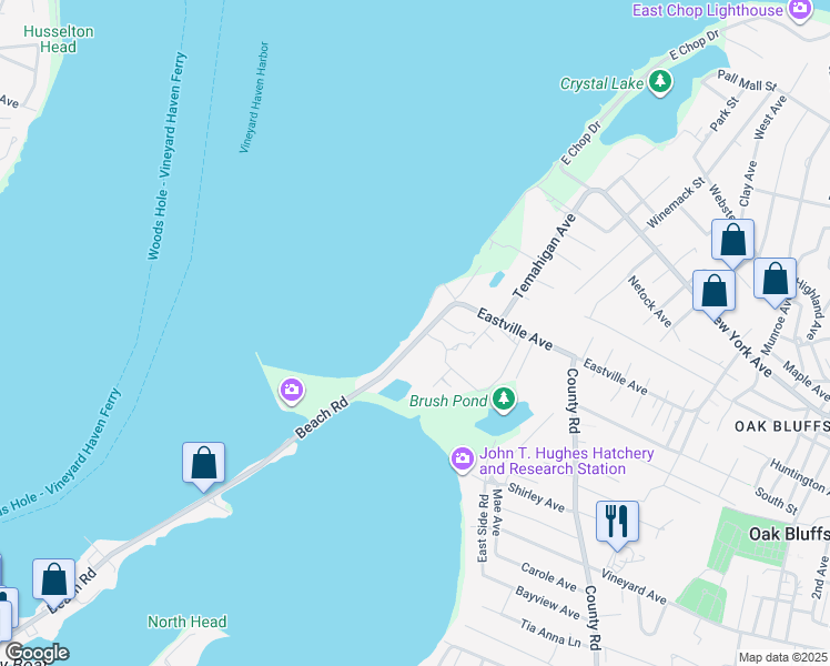 map of restaurants, bars, coffee shops, grocery stores, and more near 21 Beach Road in Oak Bluffs