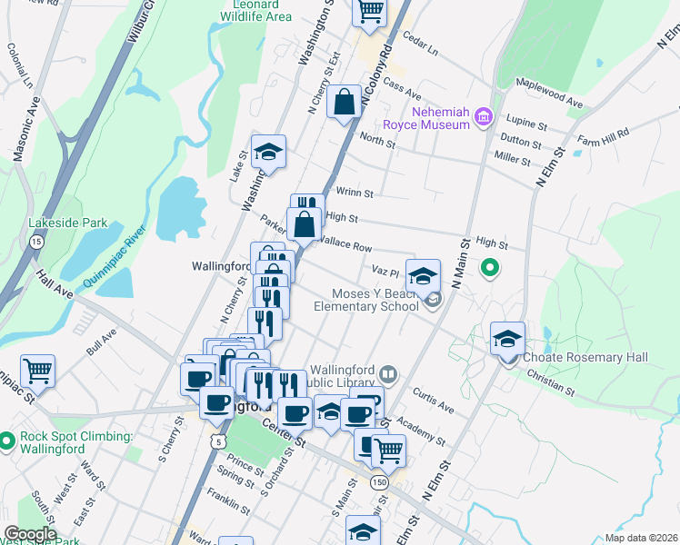 map of restaurants, bars, coffee shops, grocery stores, and more near 44 Christian Street in Wallingford