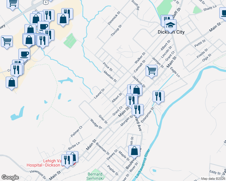 map of restaurants, bars, coffee shops, grocery stores, and more near 733 Carmalt Street in Dickson City