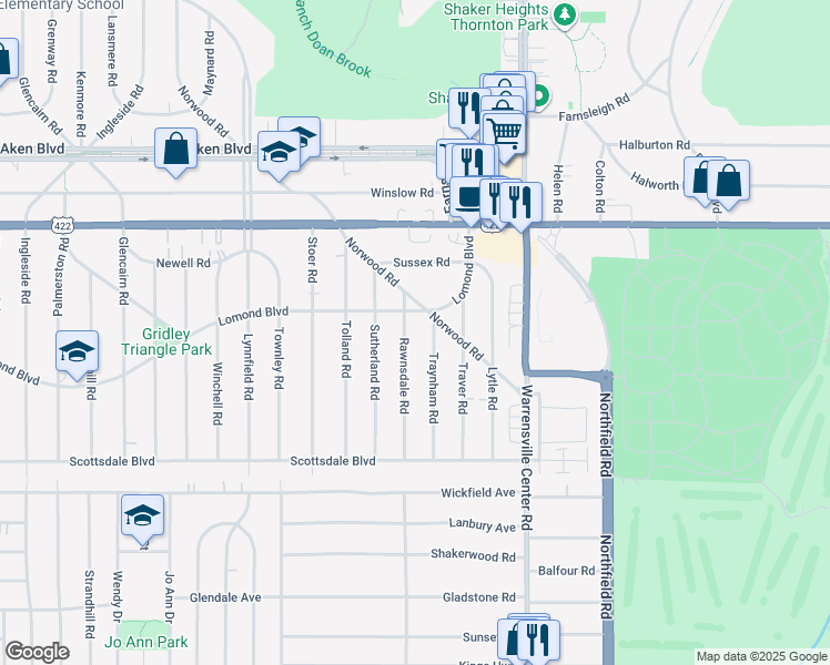 map of restaurants, bars, coffee shops, grocery stores, and more near 3612 Traynham Road in Shaker Heights