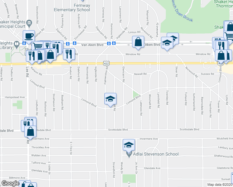 map of restaurants, bars, coffee shops, grocery stores, and more near 3606 Glencairn Road in Shaker Heights