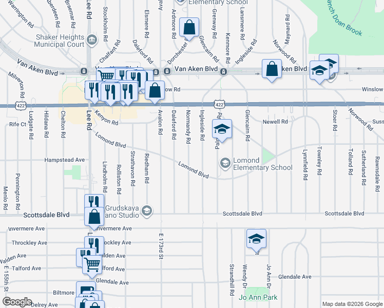map of restaurants, bars, coffee shops, grocery stores, and more near 3609 Normandy Road in Shaker Heights