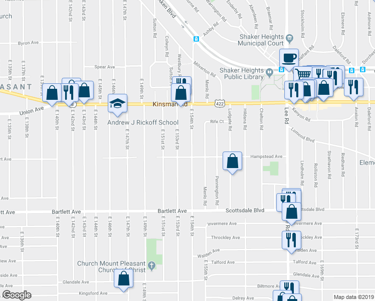 map of restaurants, bars, coffee shops, grocery stores, and more near 3605 East 154th Street in Cleveland