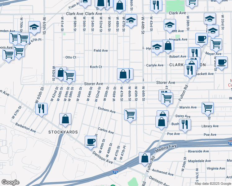 map of restaurants, bars, coffee shops, grocery stores, and more near 3405 West 49th Street in Cleveland