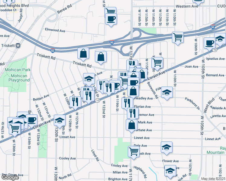 map of restaurants, bars, coffee shops, grocery stores, and more near 11906 Lorain Avenue in Cleveland