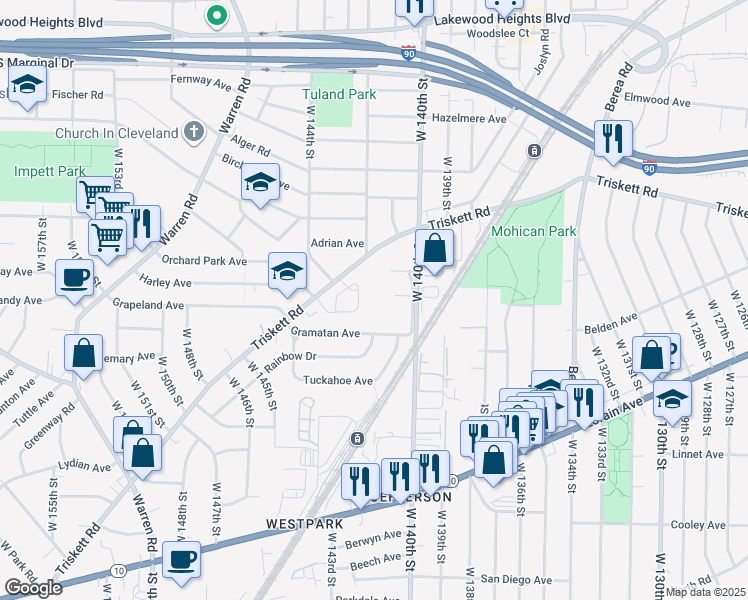 map of restaurants, bars, coffee shops, grocery stores, and more near 14403 Triskett Road in Cleveland