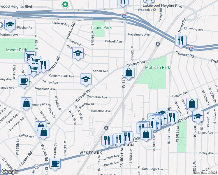 map of restaurants, bars, coffee shops, grocery stores, and more near 14403 Triskett Road in Cleveland