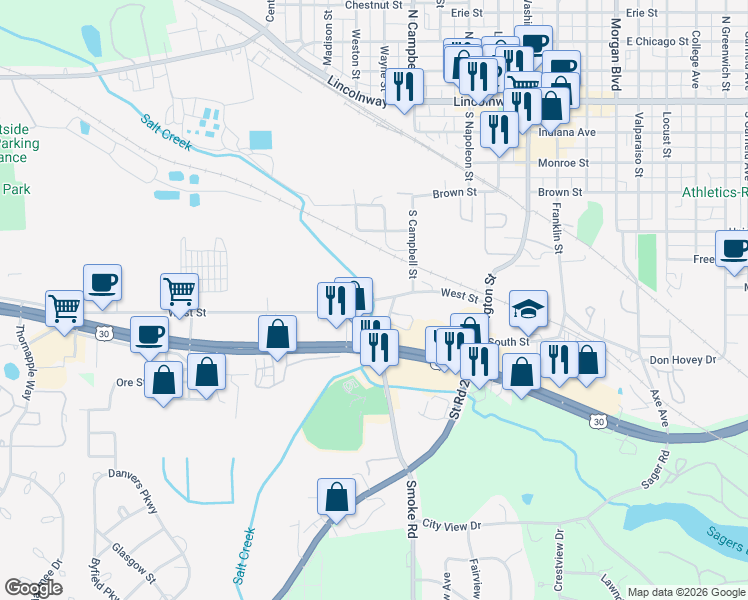 map of restaurants, bars, coffee shops, grocery stores, and more near 456 West Street in Valparaiso