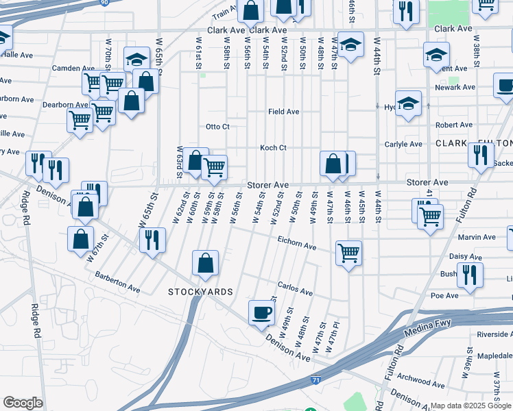 map of restaurants, bars, coffee shops, grocery stores, and more near 3414 West 54th Street in Cleveland