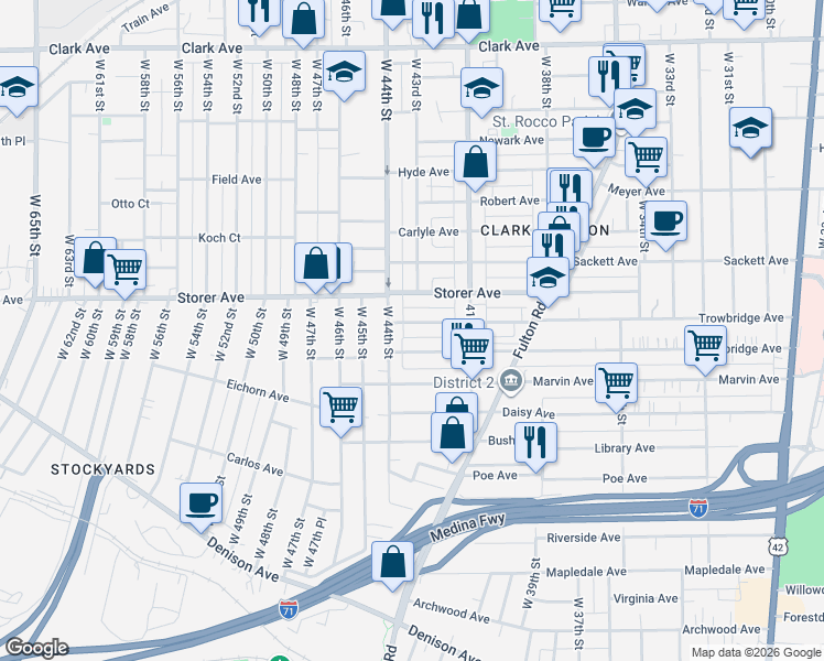 map of restaurants, bars, coffee shops, grocery stores, and more near 4307 Trowbridge Avenue in Cleveland