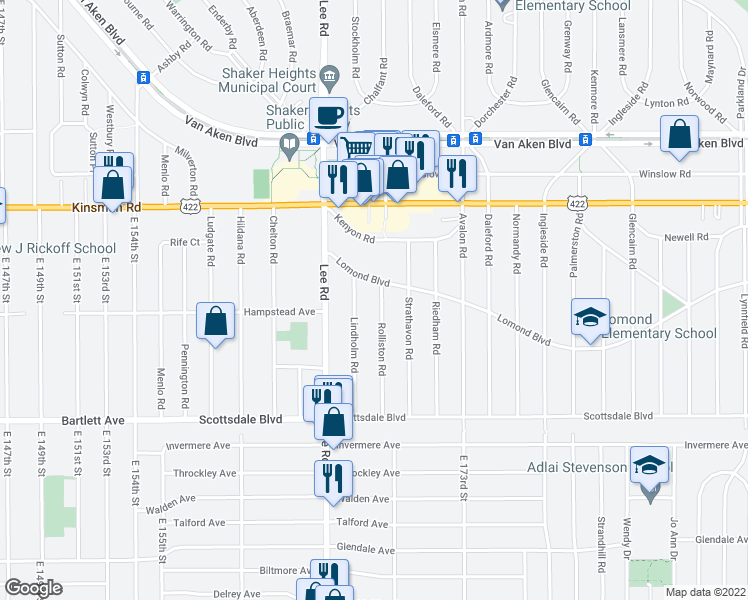 map of restaurants, bars, coffee shops, grocery stores, and more near 3616 Rolliston Road in Shaker Heights