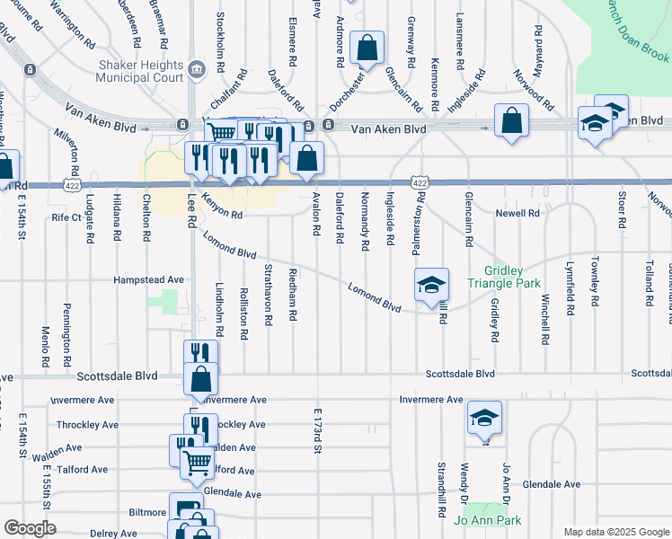 map of restaurants, bars, coffee shops, grocery stores, and more near 17323 Lomond Boulevard in Shaker Heights