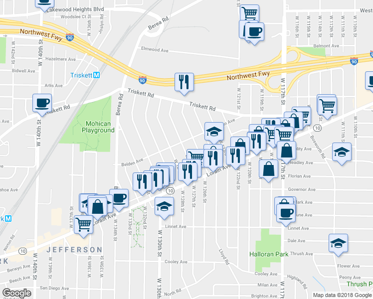 map of restaurants, bars, coffee shops, grocery stores, and more near 3353 West 127th Street in Cleveland