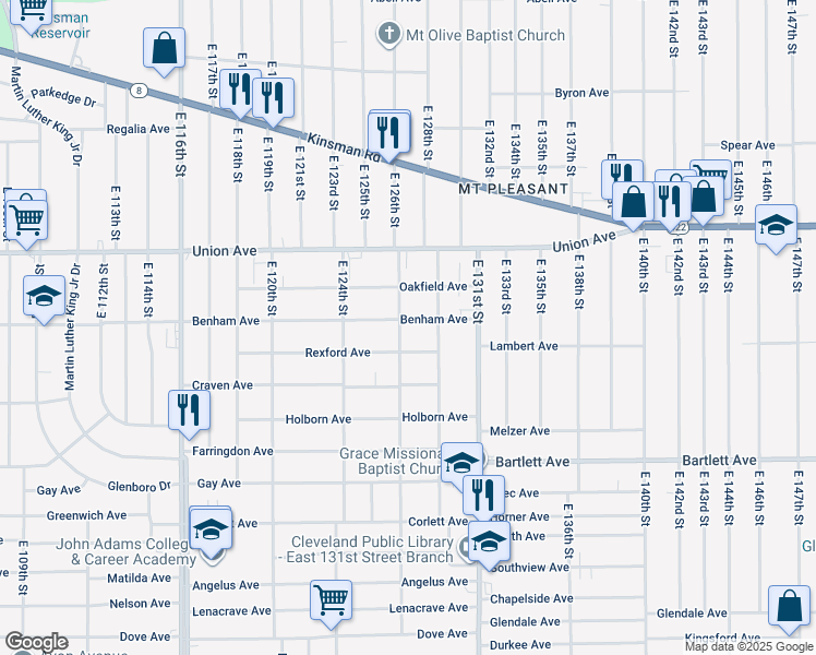 map of restaurants, bars, coffee shops, grocery stores, and more near 12706 Benham Avenue in Cleveland