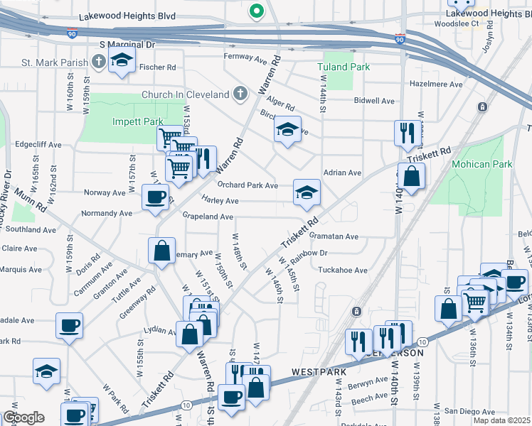 map of restaurants, bars, coffee shops, grocery stores, and more near 14622 Grapeland Avenue in Cleveland
