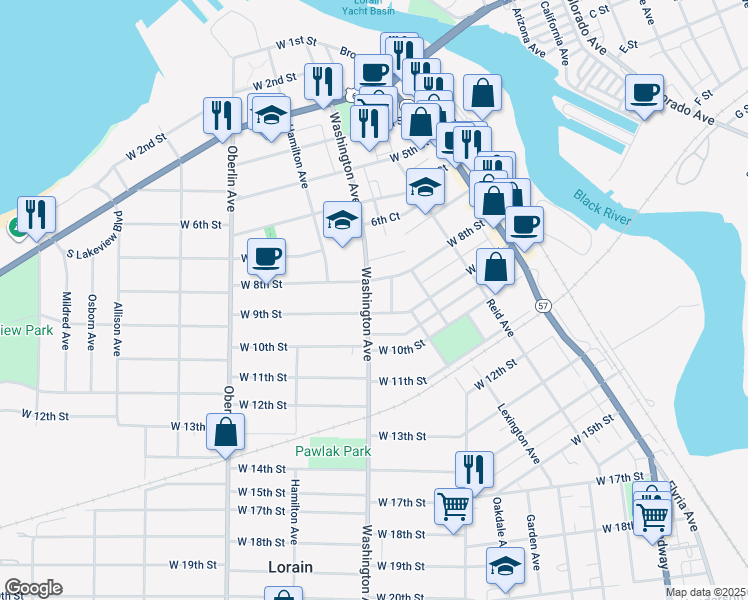 map of restaurants, bars, coffee shops, grocery stores, and more near 835 Washington Avenue in Lorain