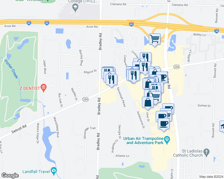 map of restaurants, bars, coffee shops, grocery stores, and more near 30651 Detroit Road in Westlake