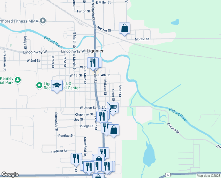 map of restaurants, bars, coffee shops, grocery stores, and more near 205 E 6th St in Ligonier