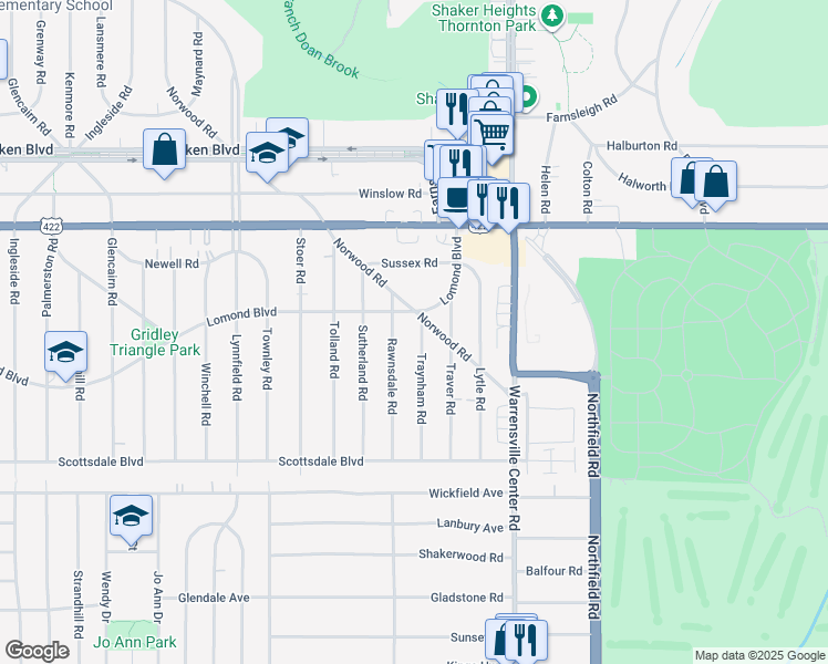 map of restaurants, bars, coffee shops, grocery stores, and more near 3612 Traynham Road in Shaker Heights