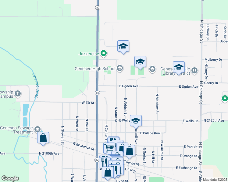 map of restaurants, bars, coffee shops, grocery stores, and more near 637 North State Street in Geneseo