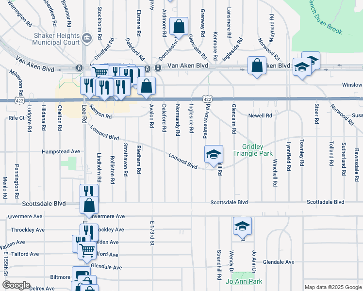 map of restaurants, bars, coffee shops, grocery stores, and more near 3609 Normandy Road in Shaker Heights
