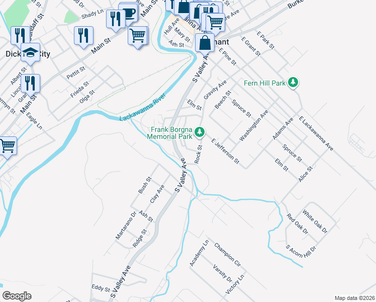 map of restaurants, bars, coffee shops, grocery stores, and more near 625-633 Sanderson Avenue in Olyphant
