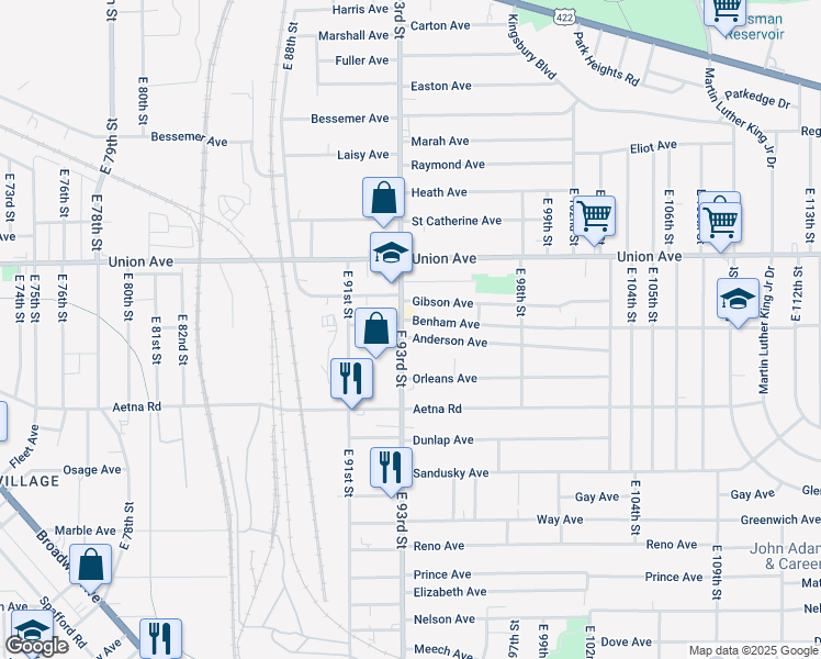 map of restaurants, bars, coffee shops, grocery stores, and more near 3573 East 93rd Street in Cleveland