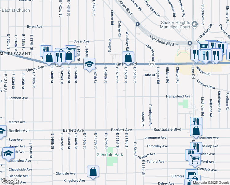 map of restaurants, bars, coffee shops, grocery stores, and more near 3602 East 151st Street in Cleveland