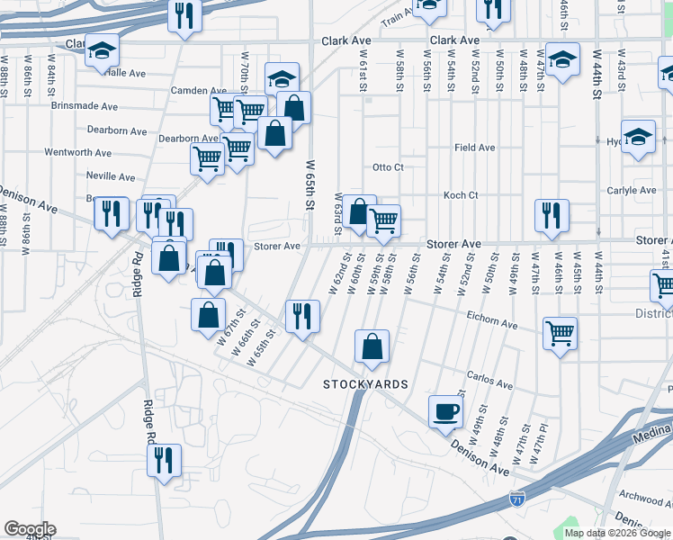 map of restaurants, bars, coffee shops, grocery stores, and more near 3416 W 62nd St in Cleveland