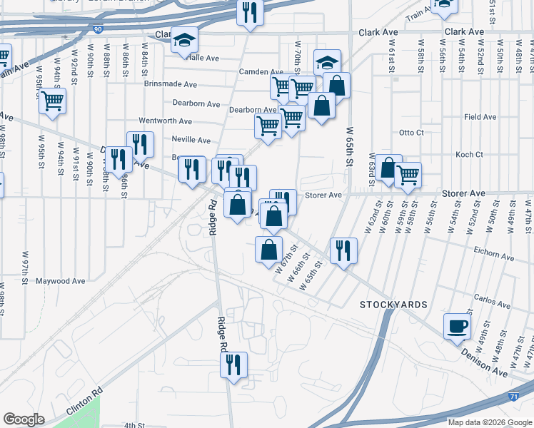 map of restaurants, bars, coffee shops, grocery stores, and more near 6904 Denison Avenue in Cleveland