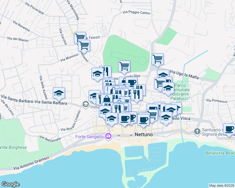 map of restaurants, bars, coffee shops, grocery stores, and more near 32 Via Gorizia in Nettuno