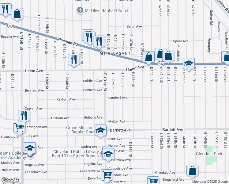 map of restaurants, bars, coffee shops, grocery stores, and more near 3581 East 133rd Street in Cleveland