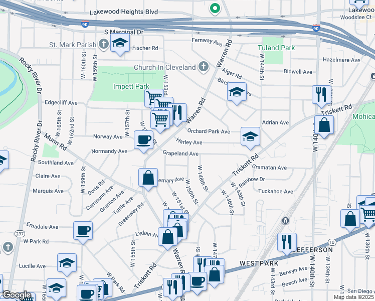 map of restaurants, bars, coffee shops, grocery stores, and more near 15000 Grapeland Ave in Cleveland