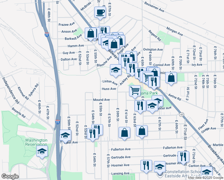 map of restaurants, bars, coffee shops, grocery stores, and more near 5802 Huss Avenue in Cleveland