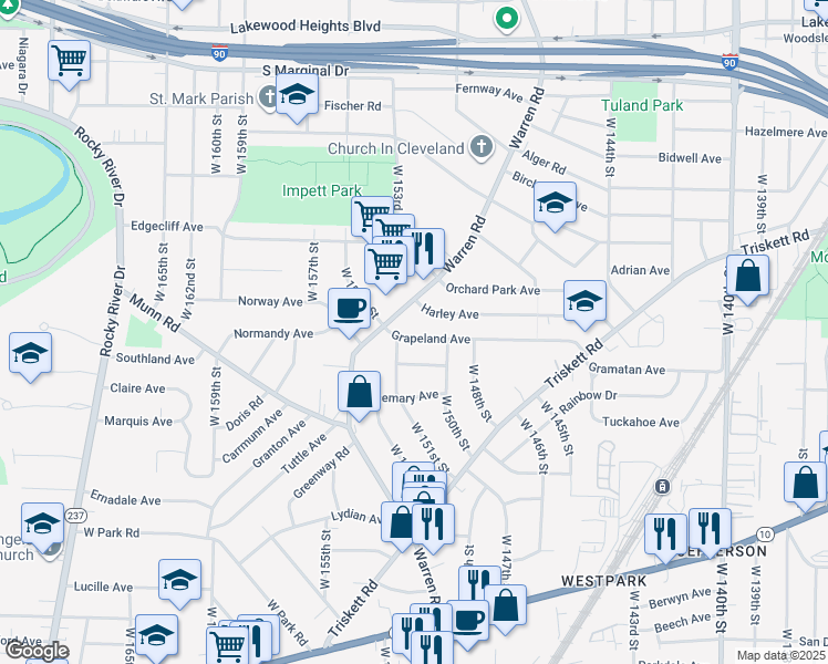 map of restaurants, bars, coffee shops, grocery stores, and more near 15038 Grapeland Avenue in Cleveland