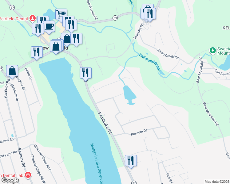 map of restaurants, bars, coffee shops, grocery stores, and more near 1 Pond View Drive in New Fairfield