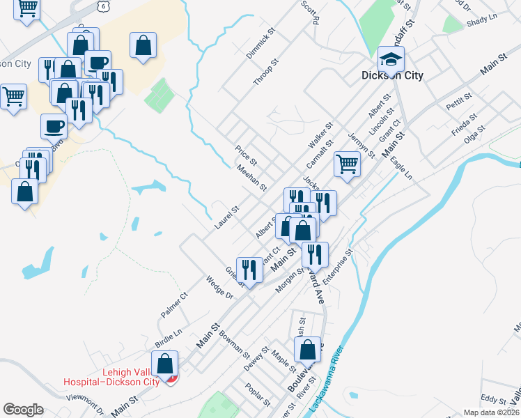 map of restaurants, bars, coffee shops, grocery stores, and more near 733 Carmalt Street in Dickson City