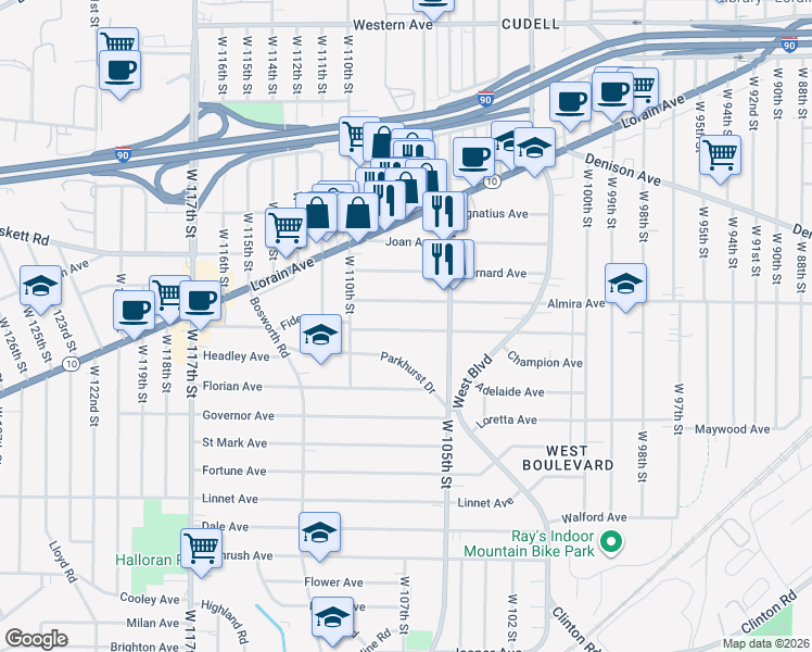 map of restaurants, bars, coffee shops, grocery stores, and more near 10702 Fidelity Avenue in Cleveland