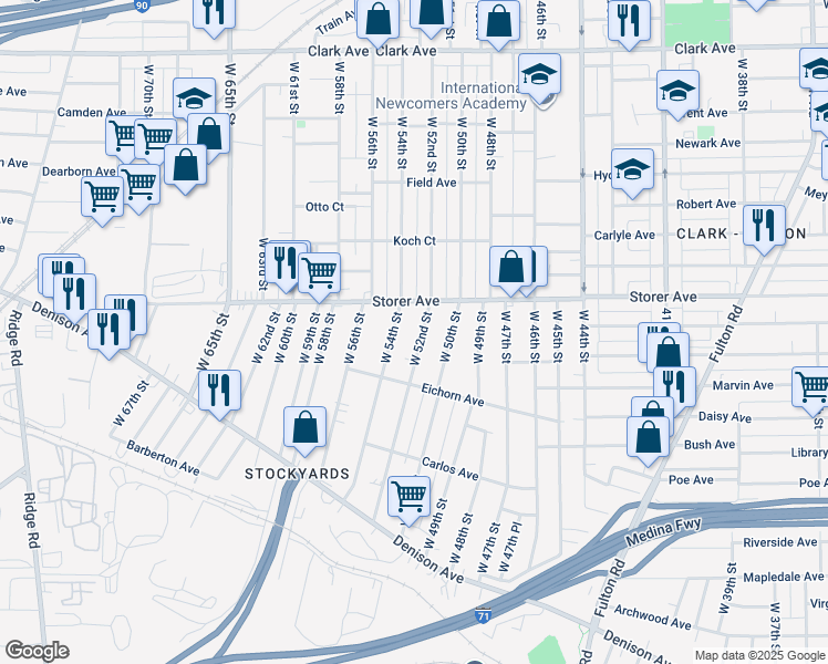 map of restaurants, bars, coffee shops, grocery stores, and more near 3414 W 52nd St in Cleveland