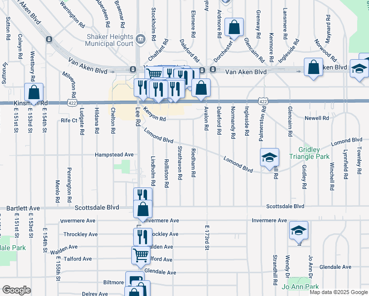 map of restaurants, bars, coffee shops, grocery stores, and more near 17012 Lomond Boulevard in Shaker Heights