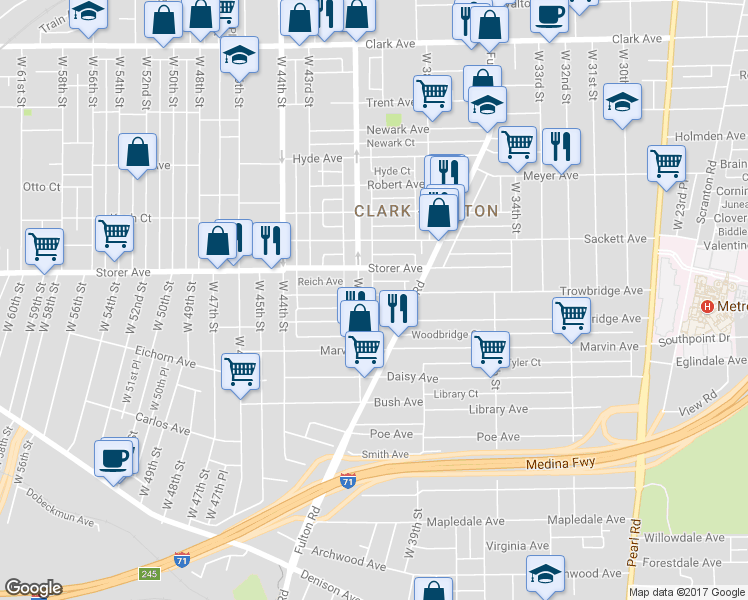 map of restaurants, bars, coffee shops, grocery stores, and more near 4015 Trowbridge Avenue in Cleveland