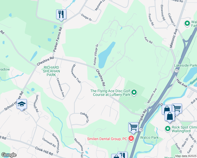map of restaurants, bars, coffee shops, grocery stores, and more near 69 Cheshire Road in Wallingford