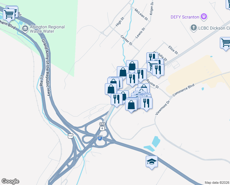map of restaurants, bars, coffee shops, grocery stores, and more near 253 Scranton Carbondale Highway in Scranton