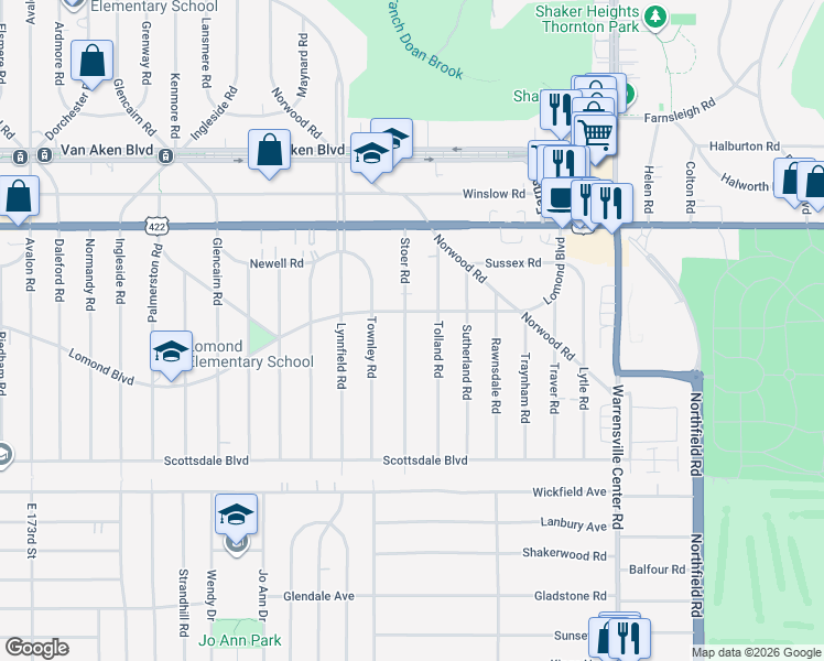 map of restaurants, bars, coffee shops, grocery stores, and more near 3610 Stoer Road in Shaker Heights