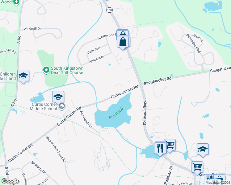 map of restaurants, bars, coffee shops, grocery stores, and more near 99 Curtis Corner Road in South Kingstown