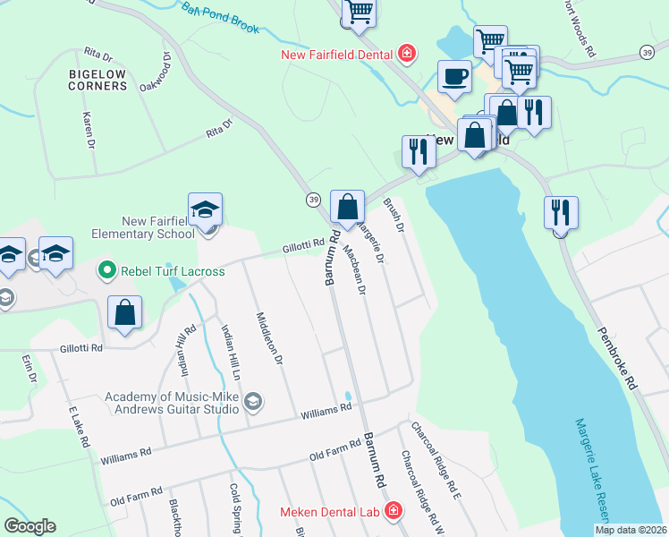 map of restaurants, bars, coffee shops, grocery stores, and more near 3 Barnum Road in New Fairfield