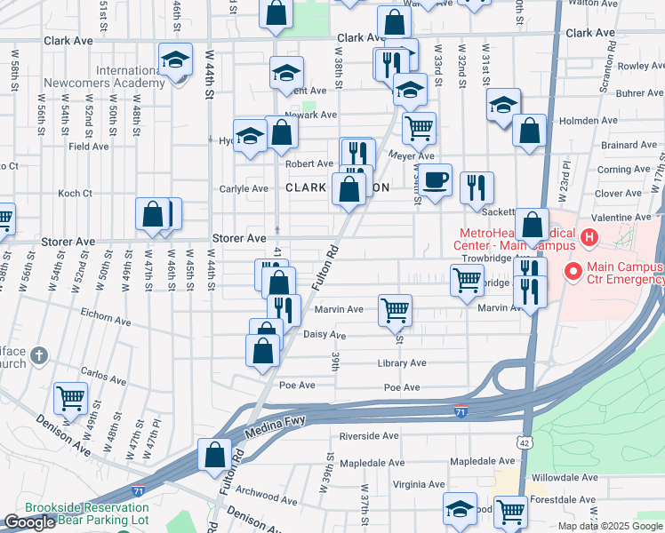 map of restaurants, bars, coffee shops, grocery stores, and more near in Cleveland