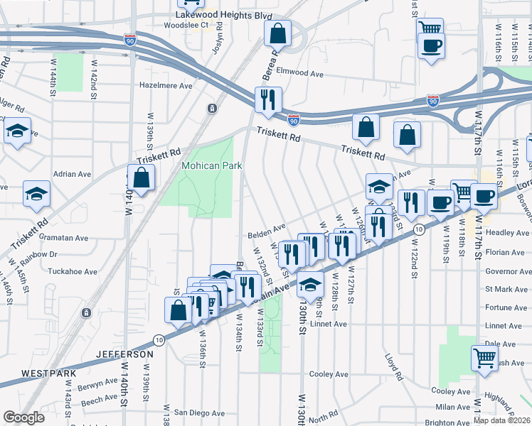 map of restaurants, bars, coffee shops, grocery stores, and more near 3347 West 131st Street in Cleveland