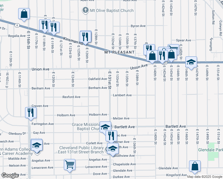 map of restaurants, bars, coffee shops, grocery stores, and more near 3581 East 131st Street in Cleveland